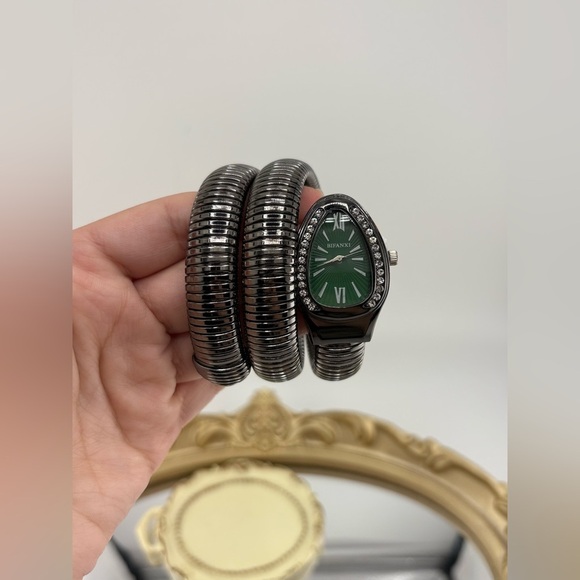 Gunmetal Coil Bracelet Watch with Green Dial โ Statement Stretch Watch - Picture 4 of 10